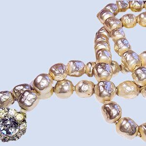 Long Luxurious Baroque Pearl Necklace, Rhinestones Flower Hook Clasp Unsigned